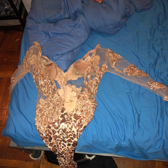 PROM DRESS GOLD AND ROSE GOLD LONG SLEEVE MESH - Picture 7 of 8